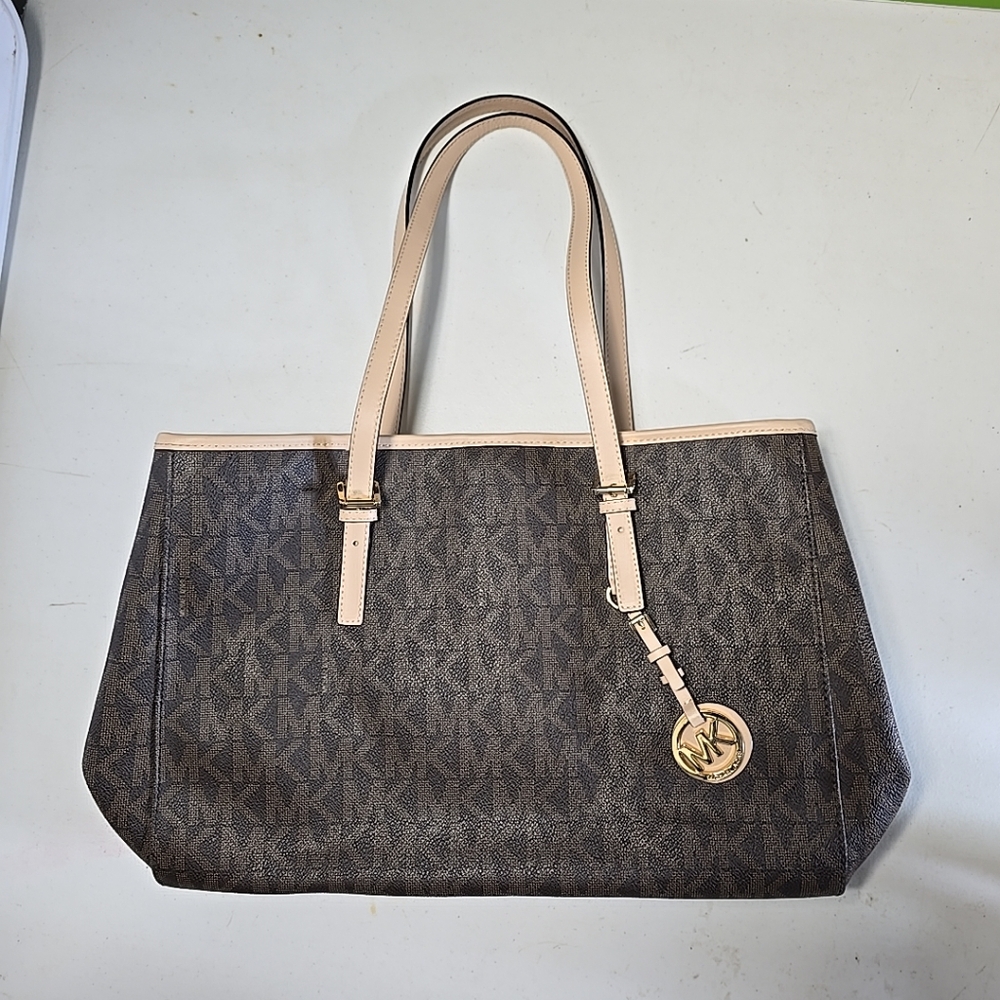 Michael Kors Handbag Purse Jet Set Brown MK Leather Tote With Charm